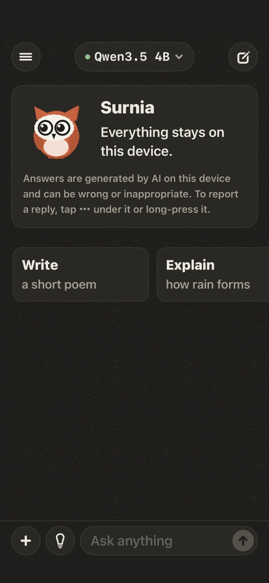 Surnia’s start screen: an owl mascot, the line “Everything stays on this device”, the Qwen3.5 4B model selected, and suggestions to write a short poem or explain how rain forms.